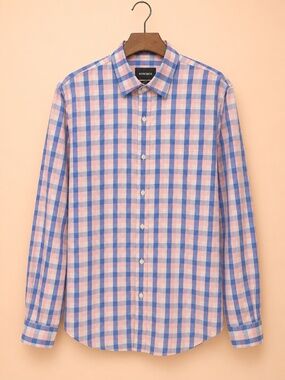 Bonobo's Mens Slim Fit Plaid Button Down‎ Long Sleeve Shirt Large Pink Blue